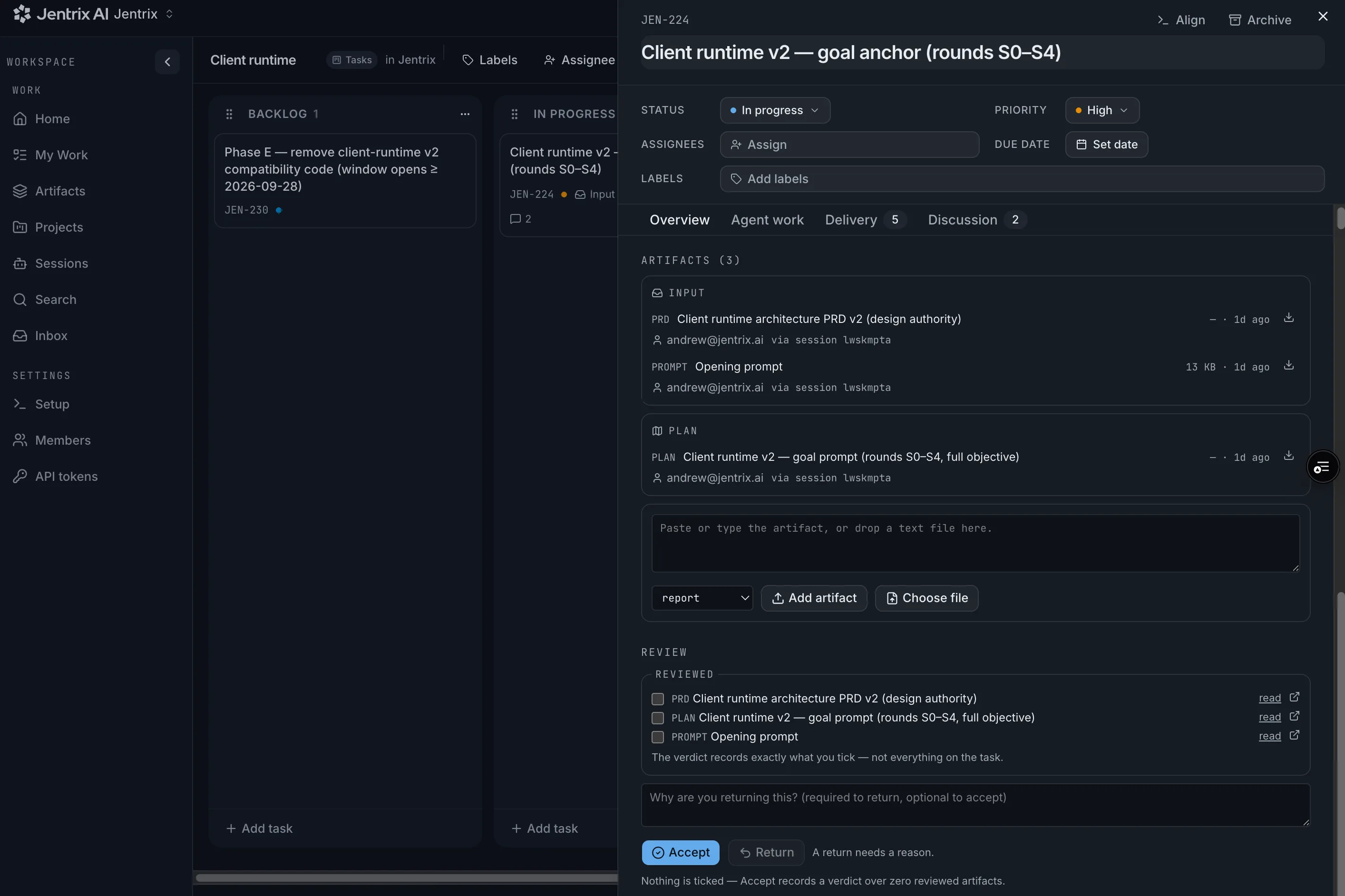 A Jentrix task panel for JEN-224: input artifacts (a PRD and the opening prompt) and a plan, each attributed to a person and an agent session; below them a review section with per-artifact read checkboxes, an Accept button and a Return button, and the note that a return needs a reason